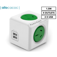 ALLOCACOC POWERCUBE Extended 4 Outlets with 2 USB 1.5M - Green (0091)