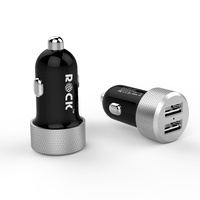 Rock Car USB Charger, 4.8A Dual USB Ports  -  Black & Silver